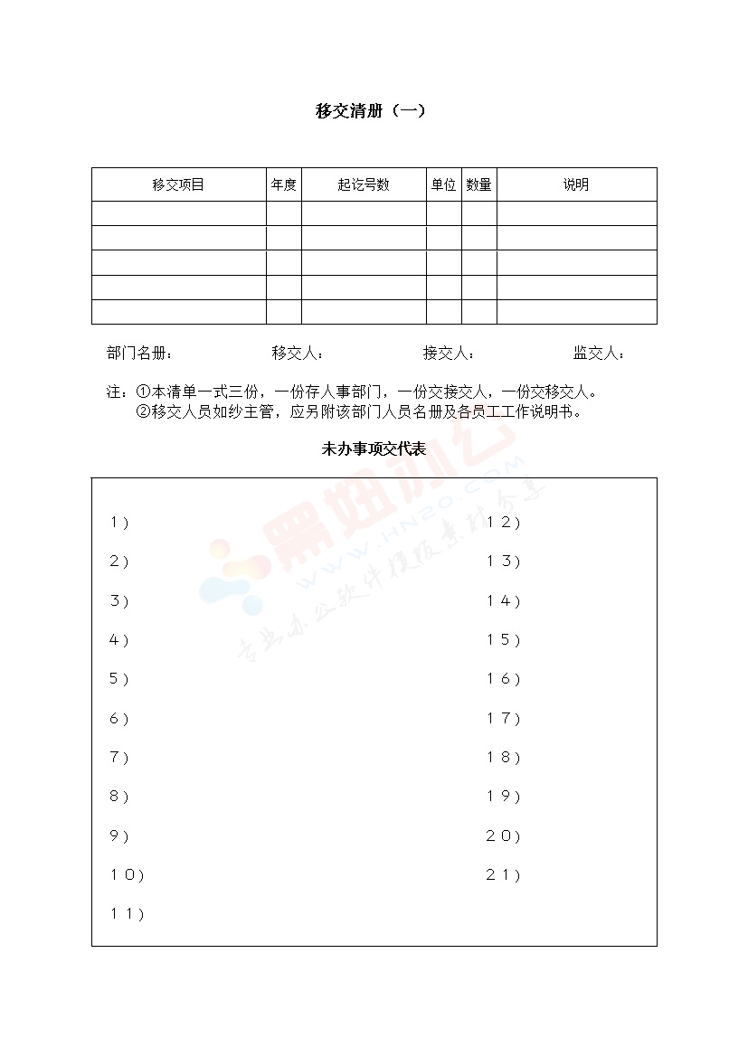 移交清册（一）办公室表格