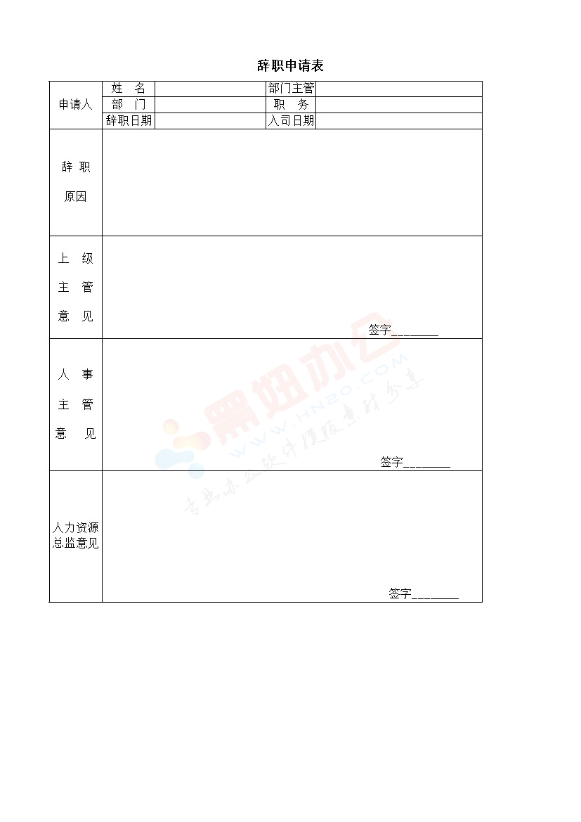 辞职申请表模板