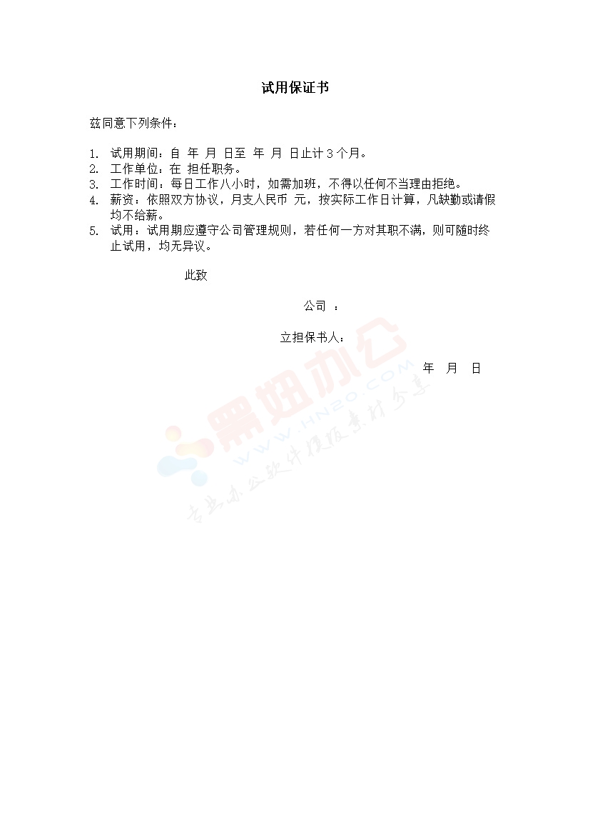 试用保证书范本