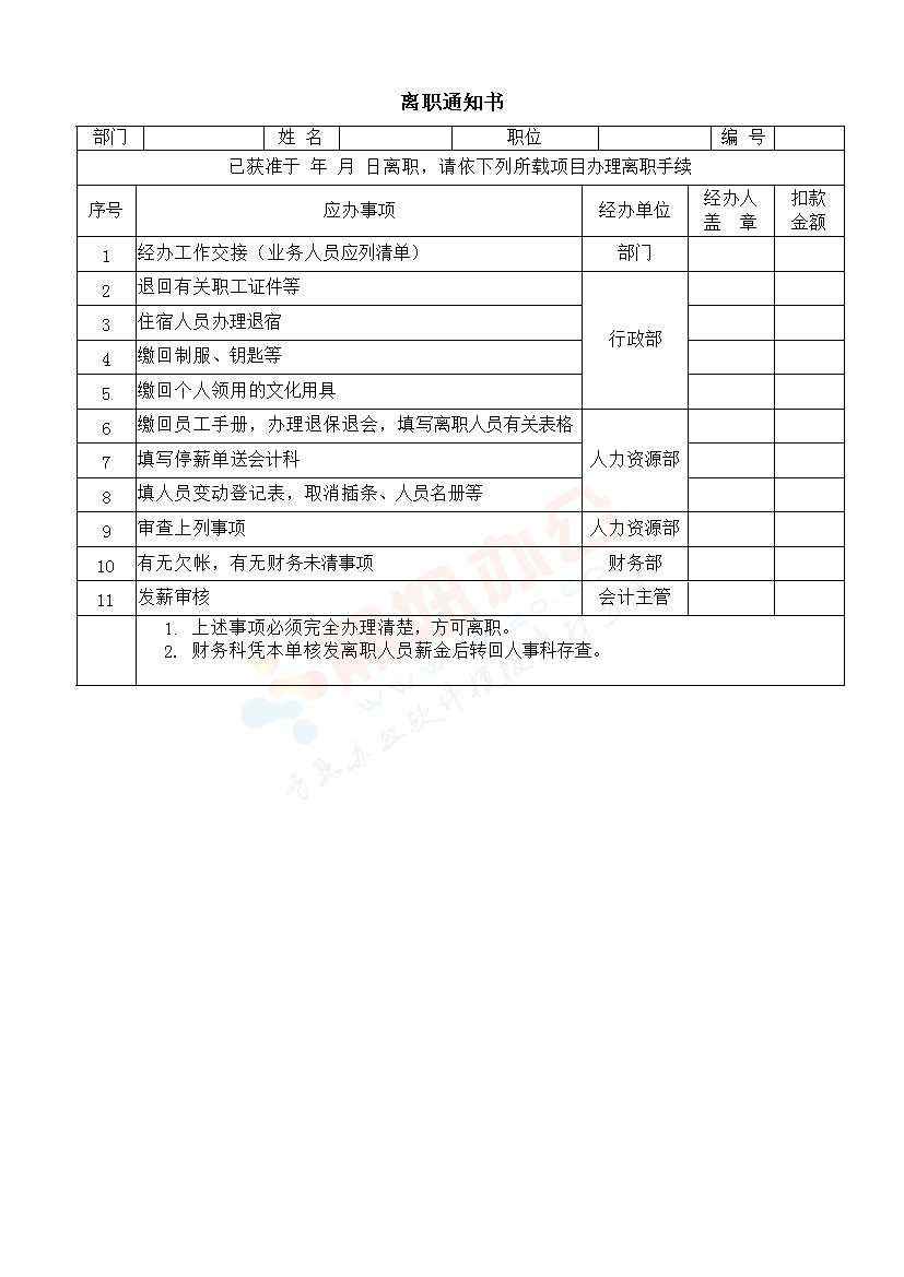 离职通知书模板表