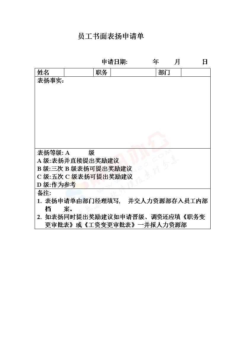 员工书面表扬申请单