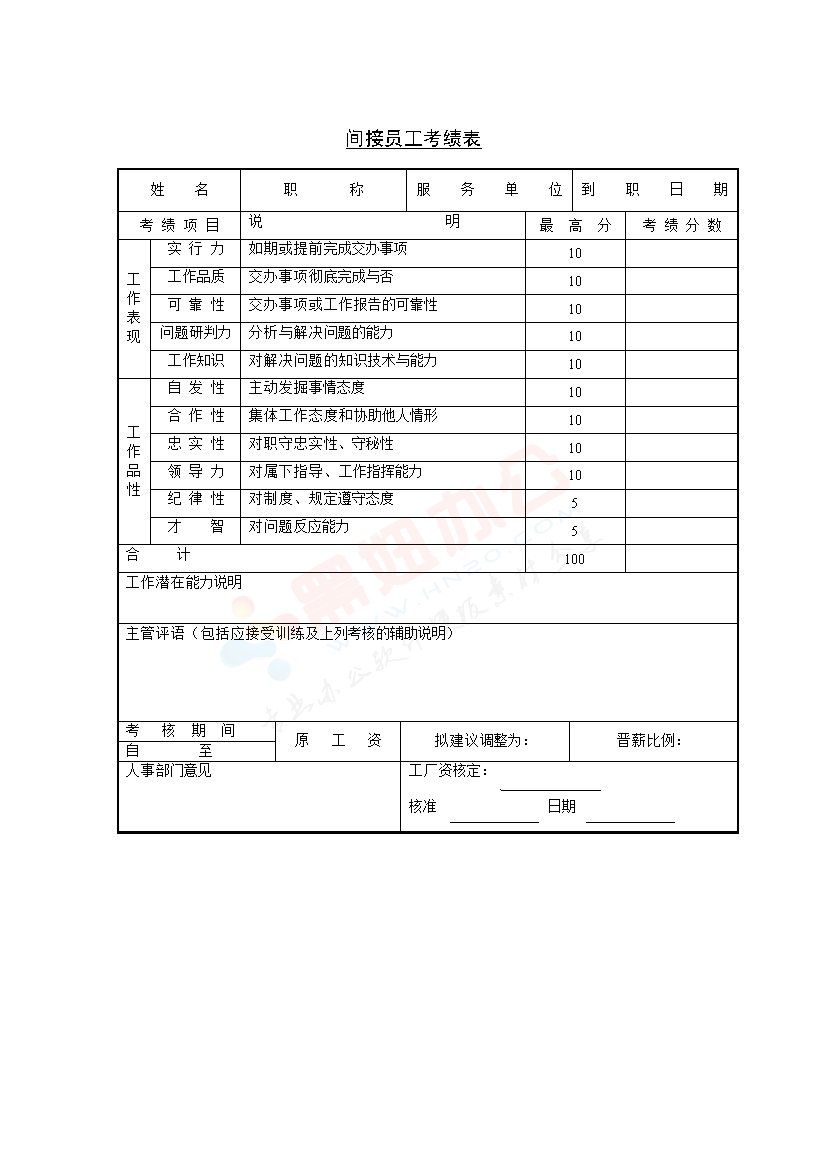间接员工考绩表模板