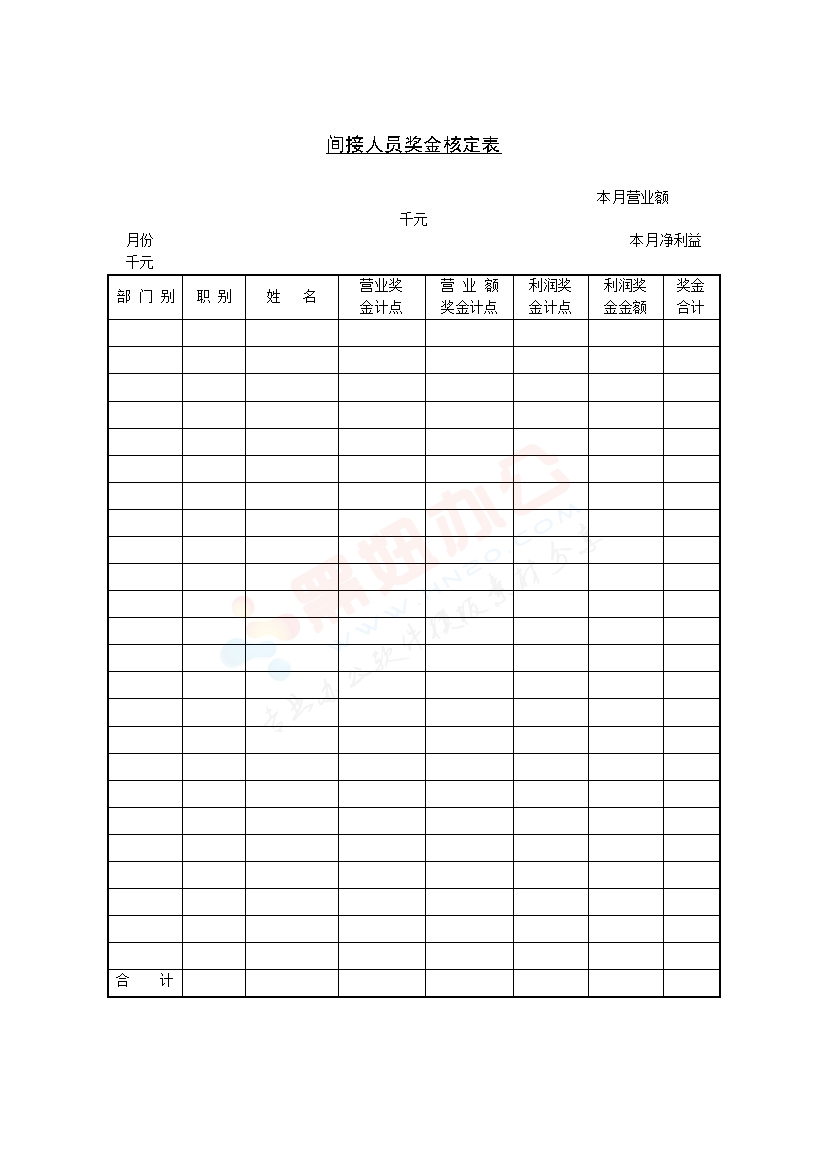 间接人员奖金核定表格模板