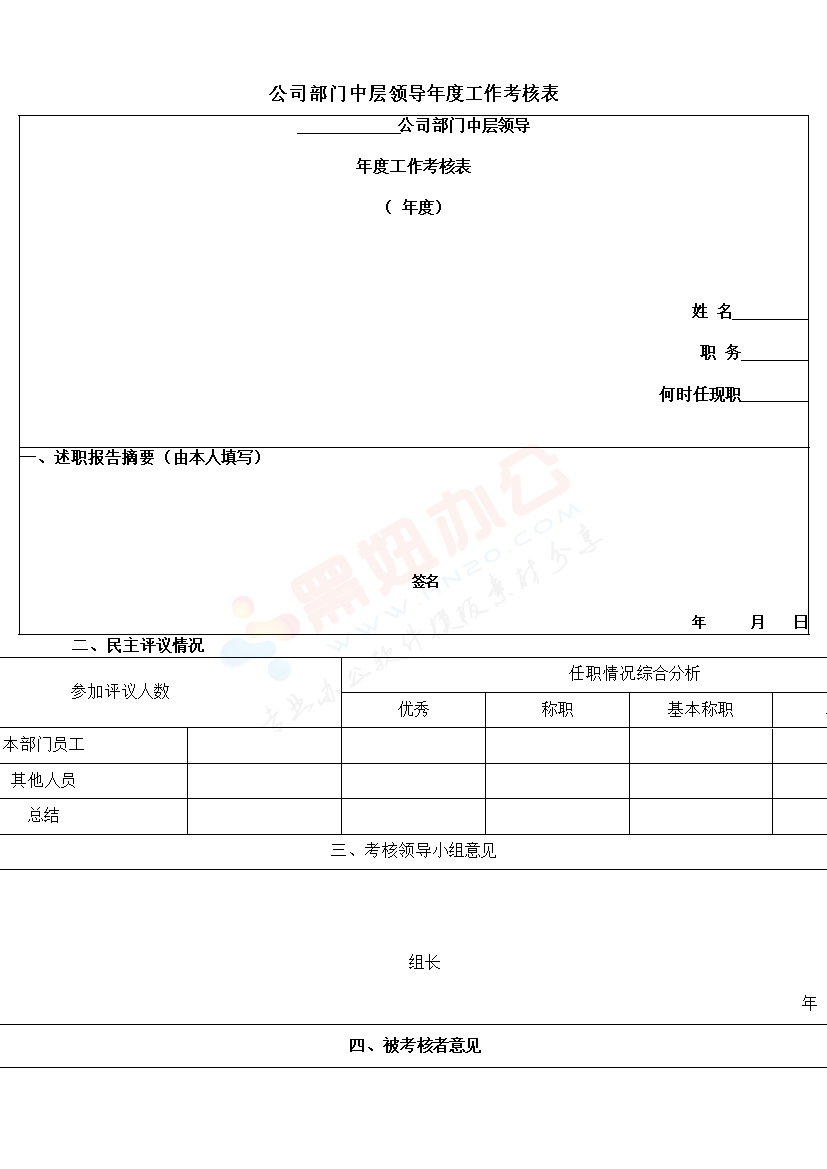 公司部门中层领导年度工作考核表模板